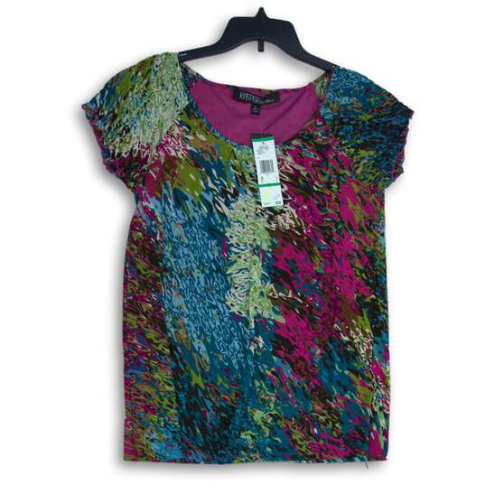 NWT Kasper Womens Multicolor Abstract Cap Sleeve Round Neck Blouse Top Size L image number 1