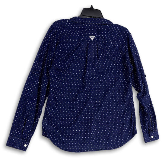 Womens Blue White Polka Dot Collared Long Sleeve Button-Up Shirt Size M image number 2
