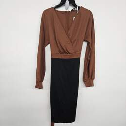 Brown Black V Neck Dress With Sash