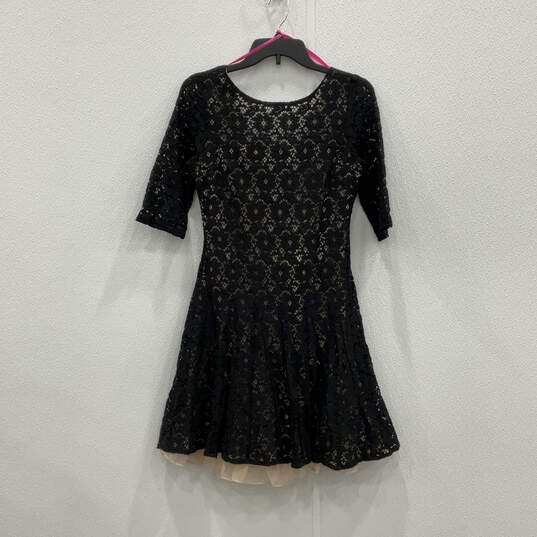 Womens Black Lace 3/4 Sleeve Round Neck Back Zip Fit & Flare Dress Size 4 image number 1