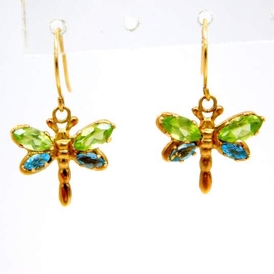 14K Gold Peridot & Blue Spinel Faceted Marquise Dragonfly Drop Earrings 1.2g image number 2