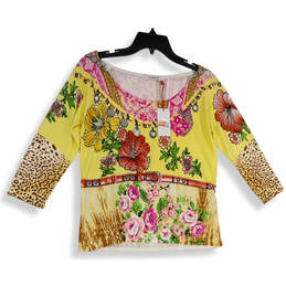 NWT Womens Multicolor Floral Beaded Scoop Neck Pullover Blouse Top Size M