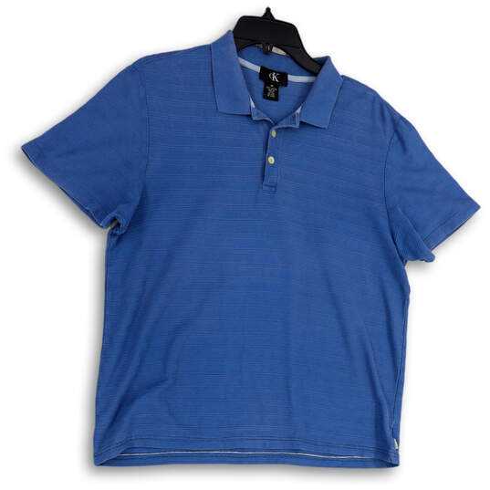 Womens Blue Striped Short Sleeve Spread Collar Golf Polo Shirt Size Medium image number 1