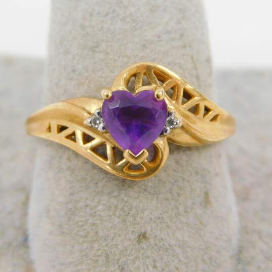 10K Yellow Gold Heart Amethyst Diamond Accent Open Work Bypass Ring 2.8g image number 2