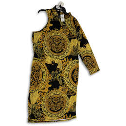 NWT Womens Yellow Black Printed One Shoulder Midi Bodycon Dress Size 18/20