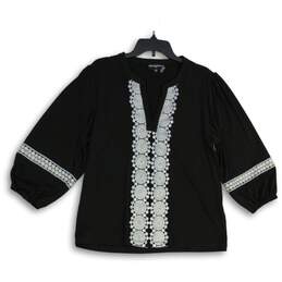 Womens Black Embroidered Short Sleeve Split Neck Blouse Top Size Medium