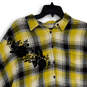 Womens Yellow Black Plaid Spread Collar 3/4 Sleeve Button-Up Shirt Size M/L image number 3