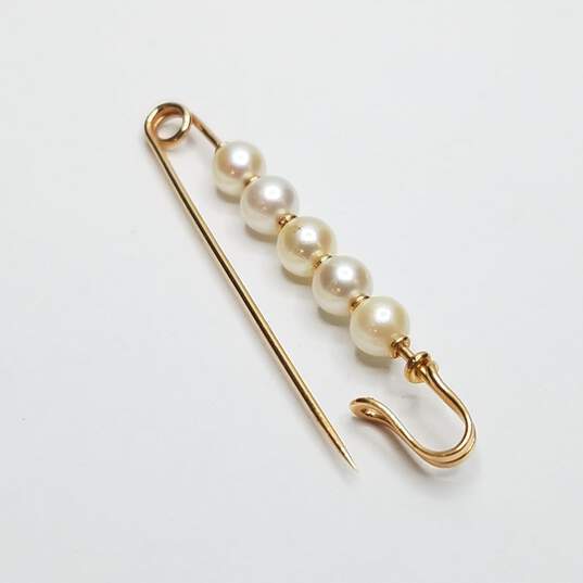 18K Gold FW Pearl Safety Pin /Brooch 3.4g image number 2