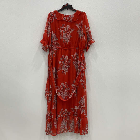 NWT Womens Red White Floral Pleated Short Sleeve Ruffled Wrap Dress Size 1X image number 2