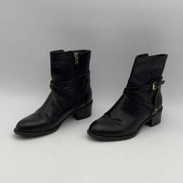 Womens Black Leather Almond Toe Buckle Block Heel Riding Boots Size 6 alternative image
