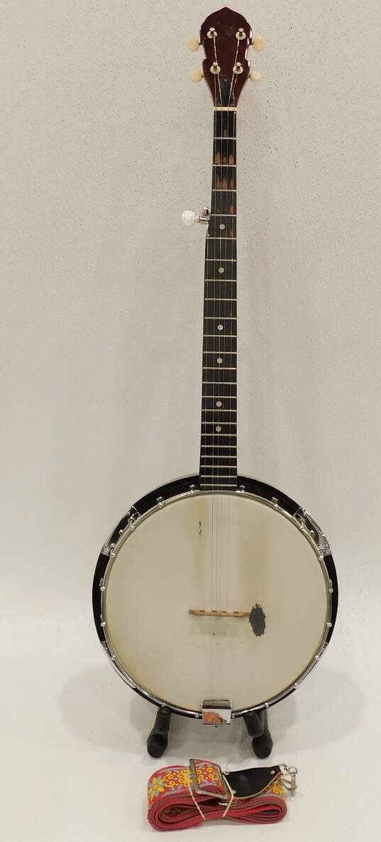 Unbranded Wooden 5-String Closed-Back Banjo w/ Vintage Playing/Shoulder Strap image number 1