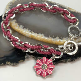 Designer Vera Bradley Silver-Tone Pink Intertwined Cable Charm Bracelet