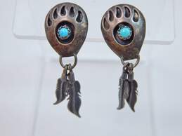 Southwestern Artisan 925 Silver Turquoise Bearpaw & Feather Earrings 4.4g