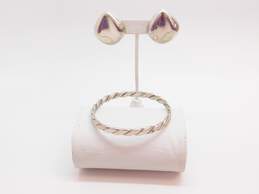 RLC & Artisan 925 Modernist Puffed Concave Teardrop Chunky Clip On Earrings & Twisted Bangle Bracelet 51.9g
