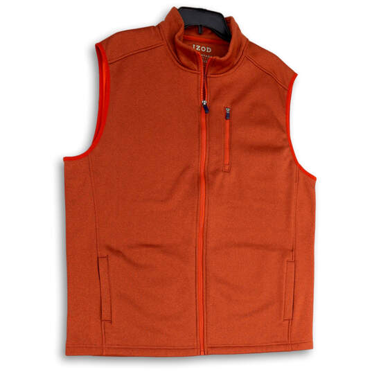 Mens Orange Fleece Sleeveless Pockets Mock Neck Full-Zip Vest Size L image number 1