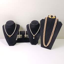 5 Piece Gold Tone Pearl Necklace, Bracelet, And Earing Bundle
