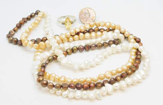 Artisan 925 Brown White & Yellow Pearls Beaded Multi Strand Necklace & Modernist Citrine Marquise Band Ring 82.8g image number 5