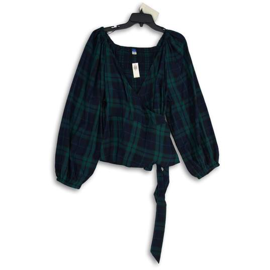 NWT Old Navy Womens Green Navy Blue Plaid Balloon Sleeve Wrap Blouse Top Sz XXL image number 1