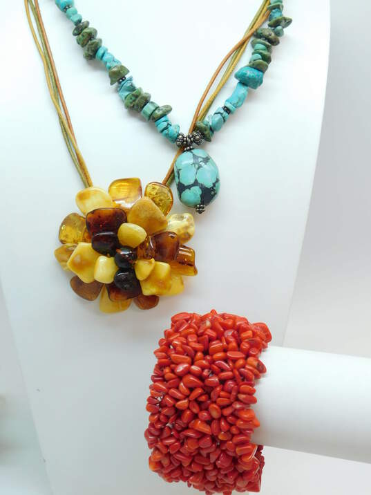Boho Artisan Amber & Turquoise Pendant Necklaces & Coral Chunky Stretch Bracelet 182.6g image number 2