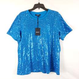 DKNY Women Blue Short Sleeve Sequin T-Shirt NWT sz XL