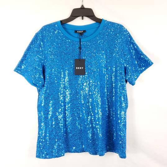 DKNY Women Blue Short Sleeve Sequin T-Shirt NWT sz XL image number 1