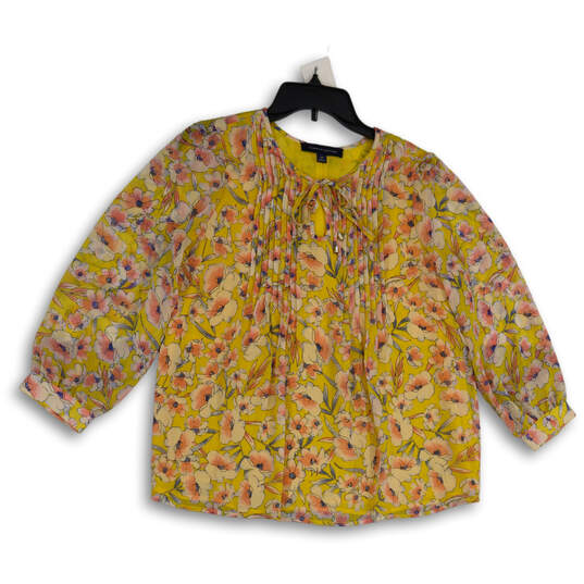 Womens Yellow Pink Floral Pleated Tie Neck Long Sleeve Blouse Top Size S/P image number 1