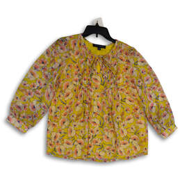 Womens Yellow Pink Floral Pleated Tie Neck Long Sleeve Blouse Top Size S/P