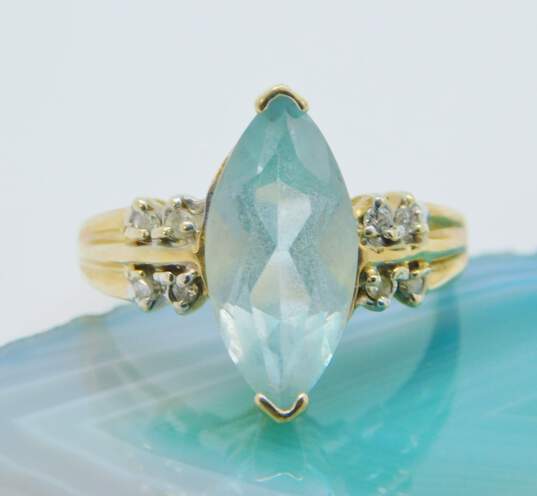 14K Yellow Gold Marquise Cut Blue Topaz & Diamond Accent Ring 3.7g image number 1