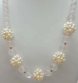 Zoe B 14K Gold Rose Quartz & Freshwater Pearl Cluster Graduated Ball Beaded Necklace 67.8g