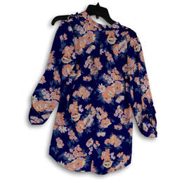 Womens Blue Pink  Floral Print Balloon Sleeve Split Neck Blouse Top Size M alternative image