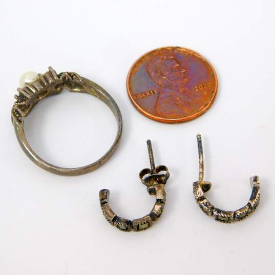 Artisan 925 Marcasite Bangle Bracelet & Faux Pearl Ring w/ Earrings 27.7g image number 6