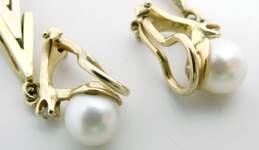 Elegant 14K Two Tone Gold Pearl 0.28 CTTW Diamond Chevron Dangle Omega Clip Earrings 12.3g alternative image