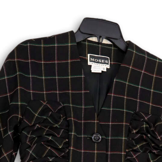 Womens Black Checked Wool Ruched Front Long Sleeve Button Front Jacket Sz 8 image number 3