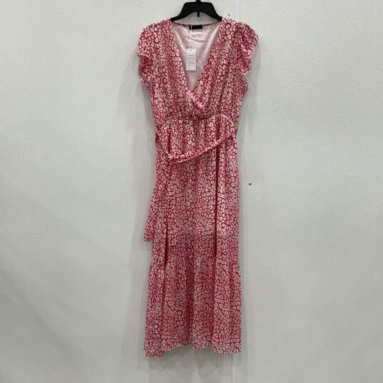 NWT Womens Pink Floral Ruffled Short Sleeve V-Neck Belted Maxi Dress Size L image number 1