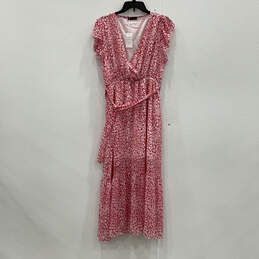NWT Womens Pink Floral Ruffled Short Sleeve V-Neck Belted Maxi Dress Size L
