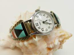 Signed Delberta Boone Zuni NM 925 Southwestern Turquoise Onyx Coral & Mother of Pearl Inlay Rope Accent Watch Tips On Timex Watch 19.9g