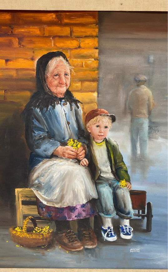 Old Woman and Child with Flower Basket Oil on canvas by Dianne Denegal Signed image number 5