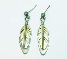Les Hill Dine Navajo 925 Silver Two Tone Feather Drop Dangle Earrings 3.5g