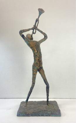 Brutalist Style Paper Mache Wire Frame Trumpet Musician Sculpture 19.5in Tall