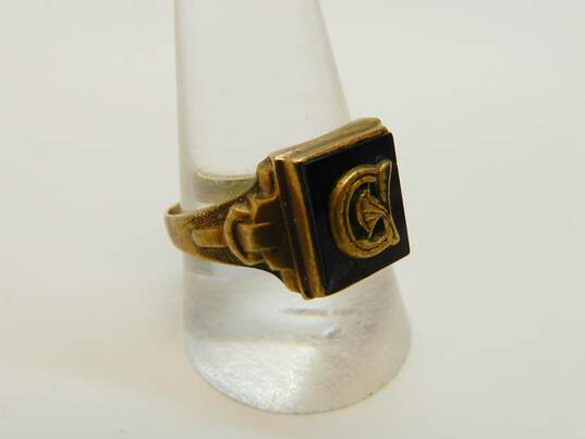 Vintage Gothic 10K Gold Onyx Initial G Monogram Ring 3.7g image number 3
