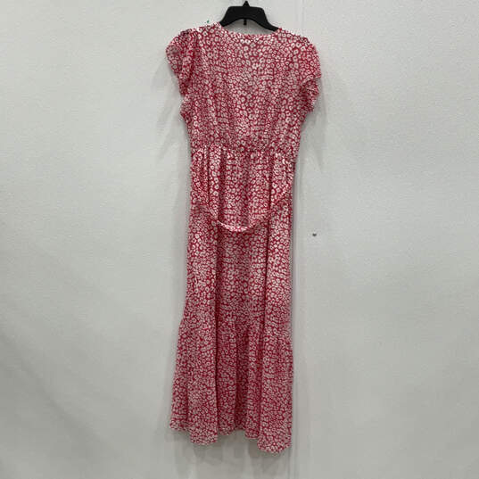 NWT Womens Pink Floral Ruffled Short Sleeve V-Neck Belted Maxi Dress Size L image number 2