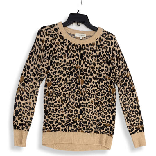 Womens Tan Leopard Print Round Neck Long Sleeve Pullover Sweater Size Small image number 1