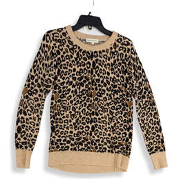 Womens Tan Leopard Print Round Neck Long Sleeve Pullover Sweater Size Small