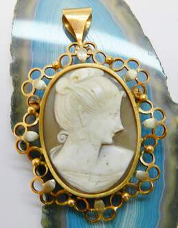 Antique 18K Two Tone Gold Carved Shell Cameo Brooch Pendant 11.3g