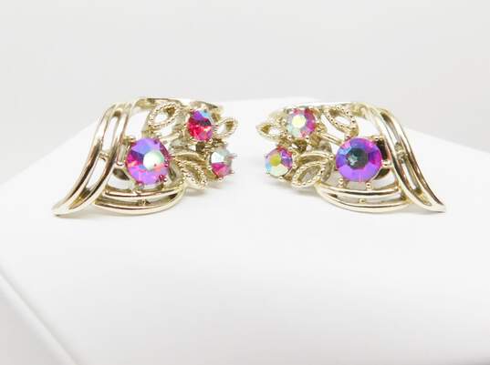 Vintage Coro Red Icy Aurora Borealis Rhinestone & Gold Tone Clip-On Earrings 10.4g image number 2