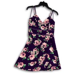 NWT Womens Purple Floral V-Neck Spaghetti Strap Mini A-line Dress Size M