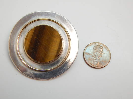 M & J Savitt 925 Sterling Silver & 14k Yellow Gold Modernist Round Tigers Eye Pendant Brooch Pin 41.0g image number 2