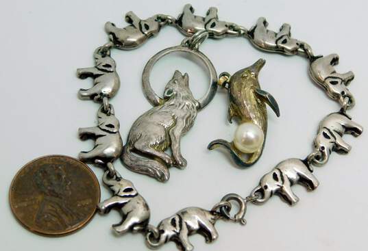 Artisan 925 Howling Wolf & Dolphin Faux Pearl Pendants & Elephant Links Bracelet image number 6