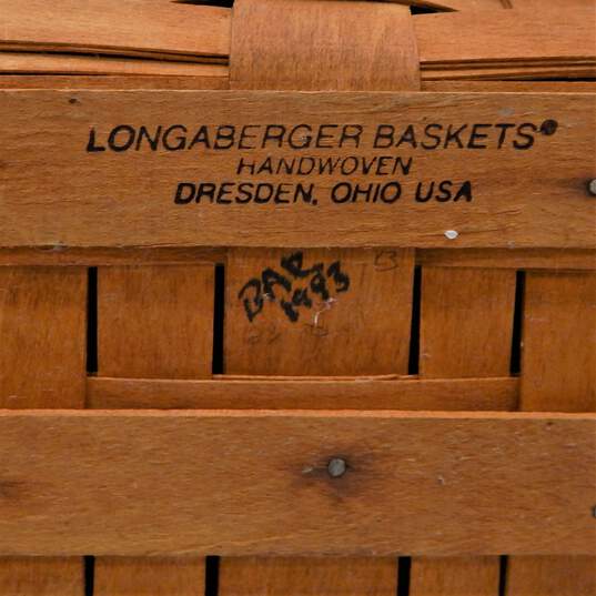 1993 Longaberger Footed Magazine Basket w/ Lid & Swing Handle Signed Dated Large image number 12
