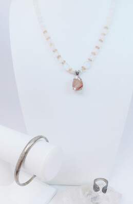 Artisan 925 Sterling Silver Moonstone & Strawberry Quartz Pendant Necklace Cuff Bracelet & Ring 56.9g